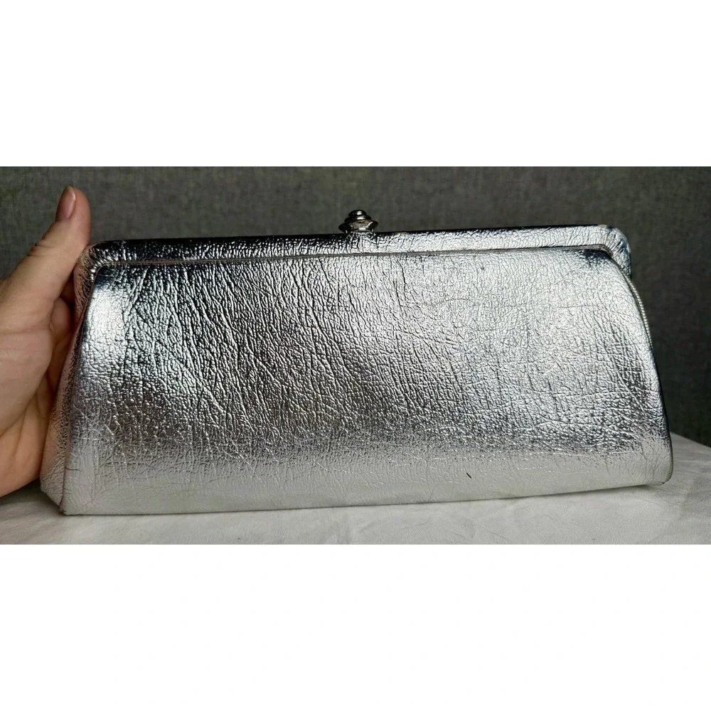 Vintage 50s 60s MCM Silver Metallic Evening Clutch Bag 10